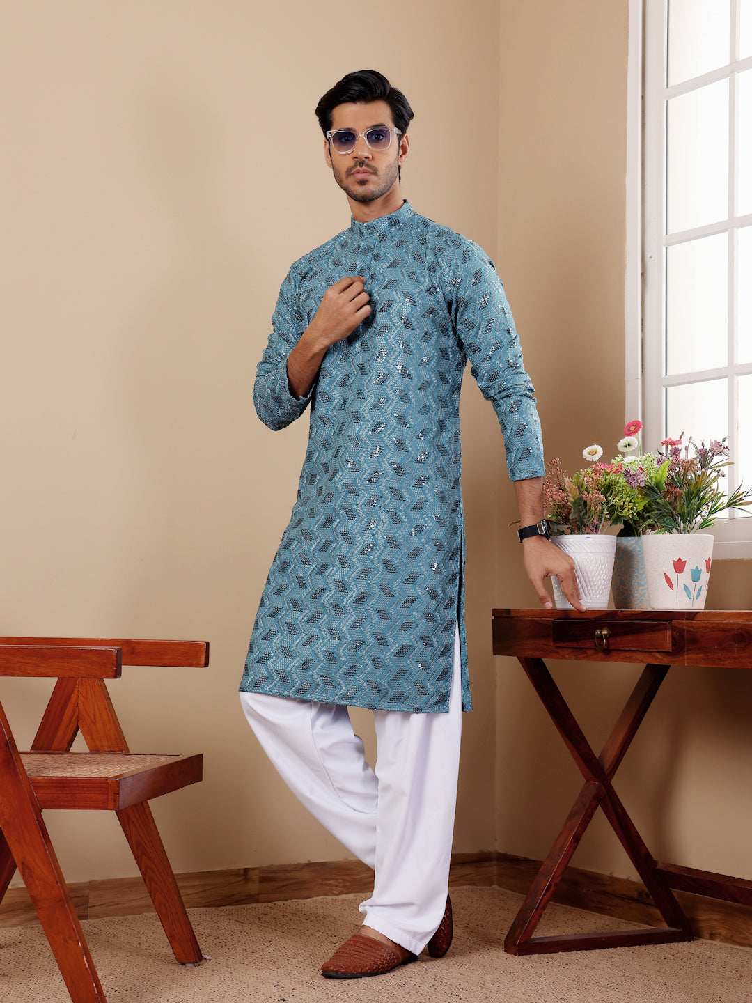 Cyan Blue Embroidery and Leaf Sequence Kurta