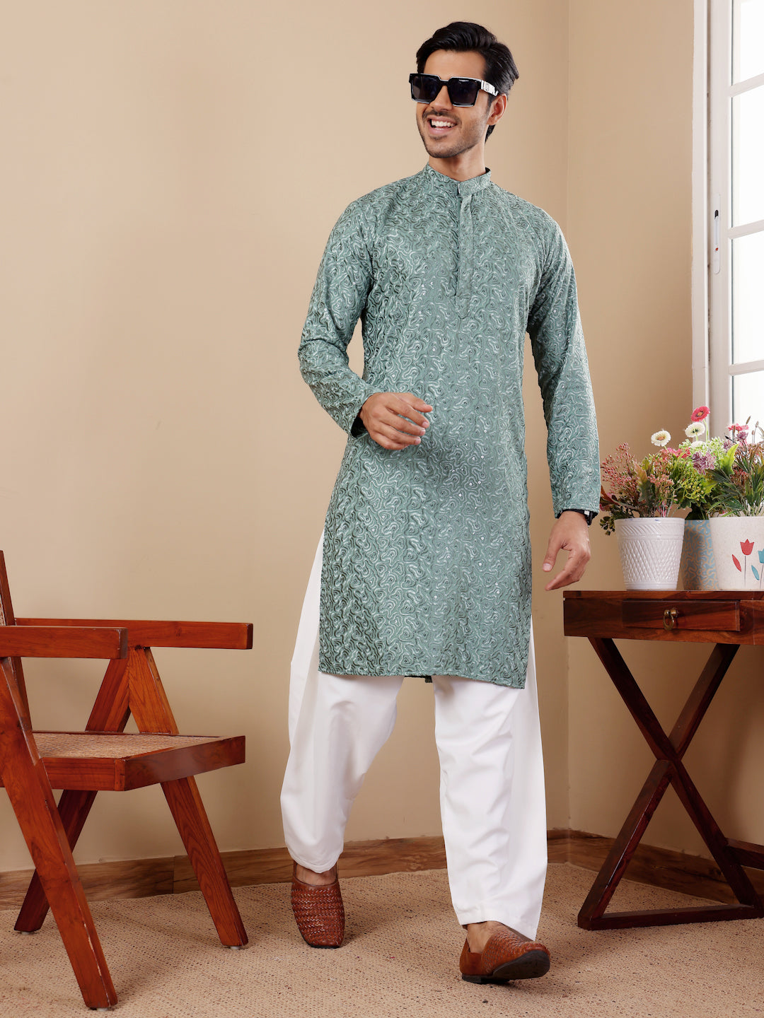 Green Embroidery and Spehrical Sequence Kurta