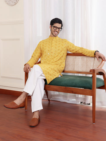 Yellow Embroidery and Leaf Sequence Kurta