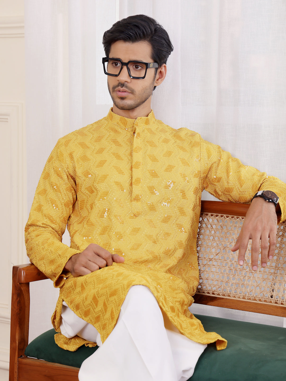 Yellow Embroidery and Leaf Sequence Kurta