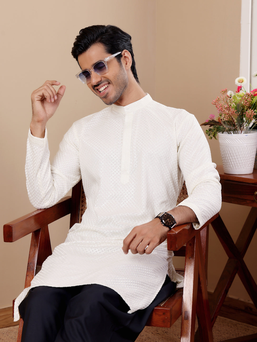 White Embroidery and Square Sequence Kurta