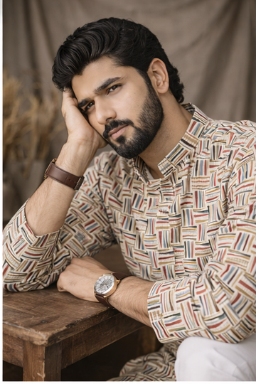 Geometric Pattern Cream Cotton Kurta