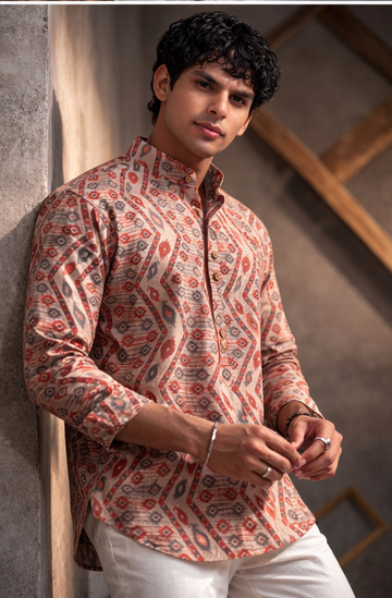 Rust Geometric Motif Linen Short Kurta